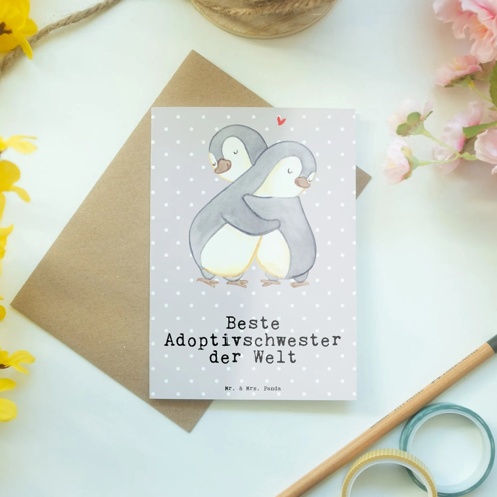Greetings card penguin Best adoptive sister in the world Grußkarte, Klappkarte, Einladungskarte, Glückwunschkarte, Hochzeitskarte, Geburtstagskarte, Karte, Ansichtskarten, für, Dankeschön, Geschenk, Schenken, Geburtstag, Geburtstagsgeschenk, Geschenkidee, Danke, Bedanken, Mitbringsel, Freude machen, Geschenktipp, Adoptivschwester, Adoptiv, adoptiert, Schwester, Geschwister, Schwesterherz, Sister, Familie, Kleinigkeit, Beste, Tochter