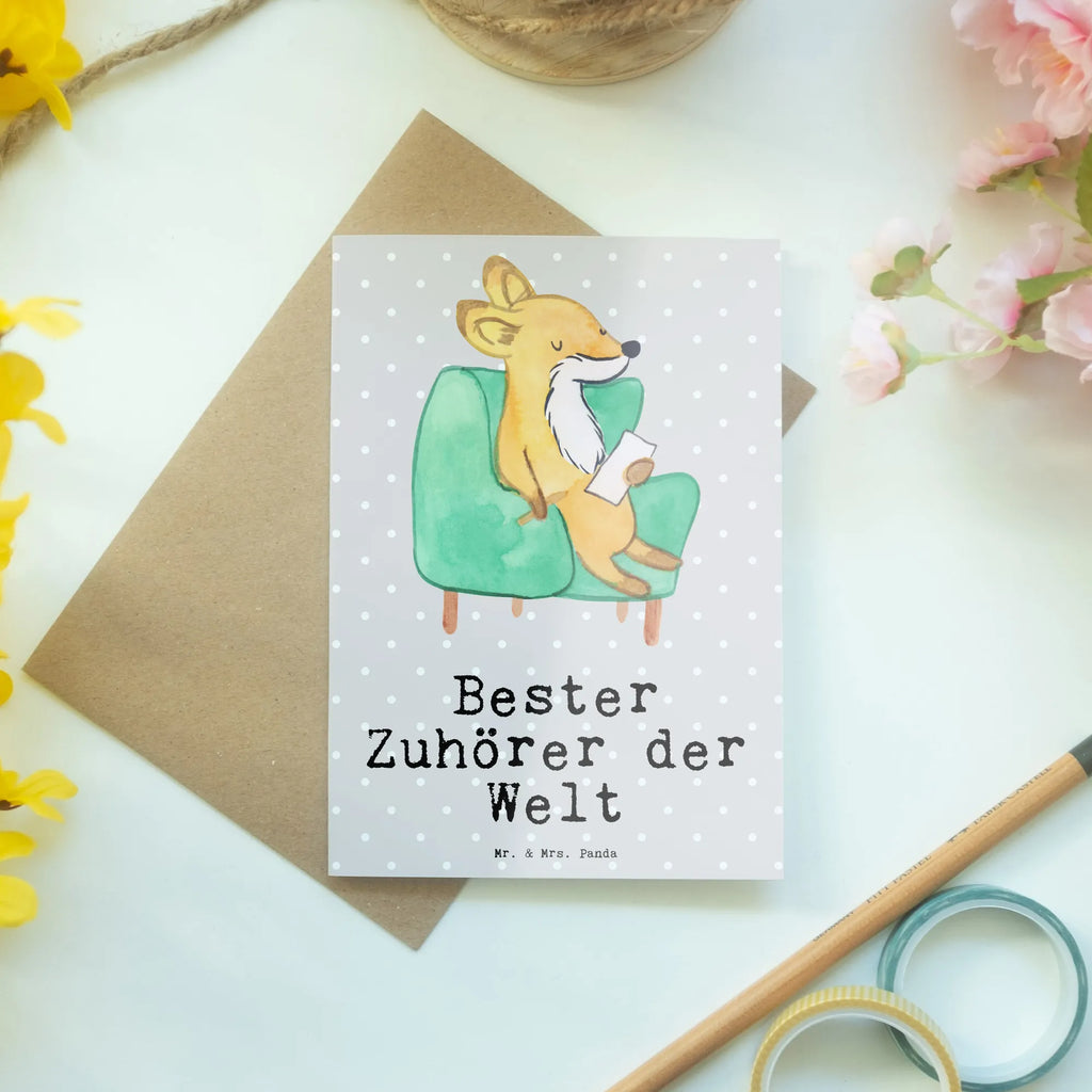 Grußkarte Fuchs Bester Zuhörer der Welt Grußkarte, Klappkarte, Einladungskarte, Glückwunschkarte, Hochzeitskarte, Geburtstagskarte, Karte, Ansichtskarten, für, Dankeschön, Geschenk, Schenken, Geburtstag, Geburtstagsgeschenk, Geschenkidee, Danke, Bedanken, Mitbringsel, Freude machen, Geschenktipp, Zuhörer, Freund, Freundin, offenes Ohr, Hilfsbereit, Hilfe