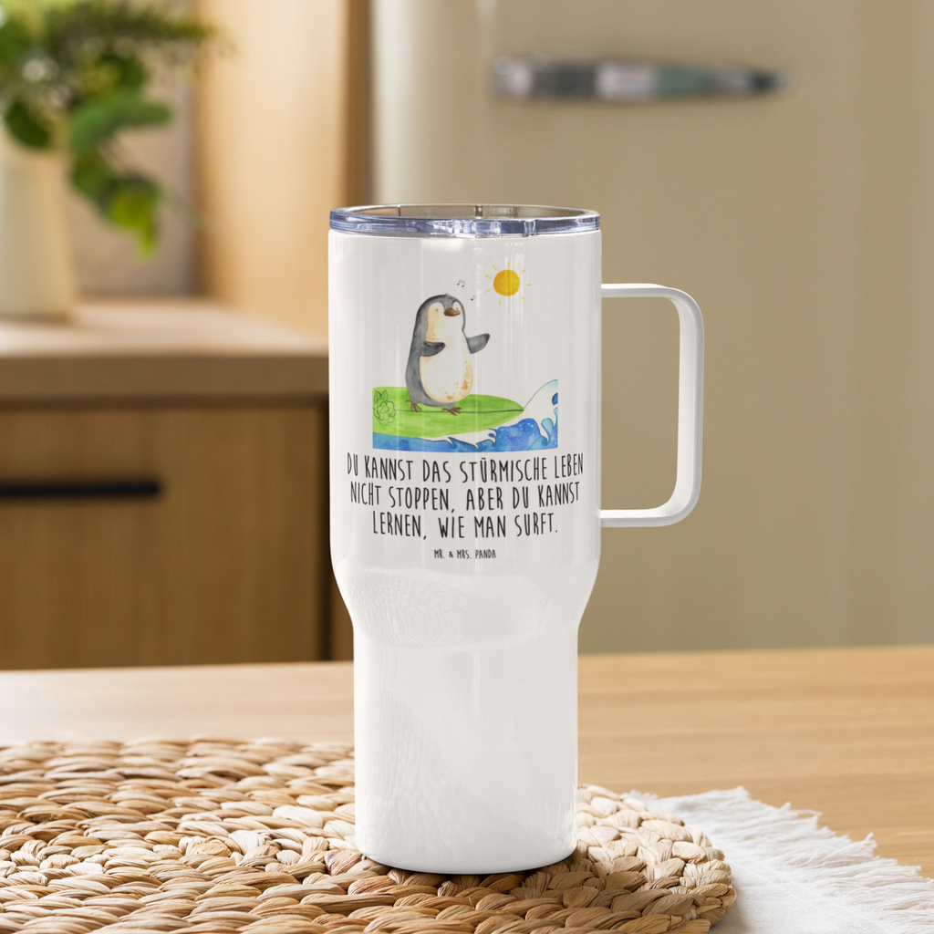 XXL Thermobecher Pinguin Surfer Thermobecher, XL Thermobecher, Reisebecher, XL Reisetasse, Großer Thermobecher, Autobecher, Jumbo Becher, Pinguin, Pinguine, surfen, Surfer, Hawaii, Urlaub, Wellen, Wellen reiten, Portugal