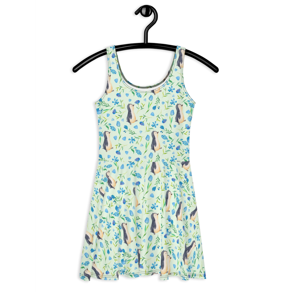 Sommerkleid Pinguinliebe Design Sommerkleid, Kleid, Skaterkleid, Aquarell, Pinguin, Pinguine, Blumen, Blaue Blumen, Muster