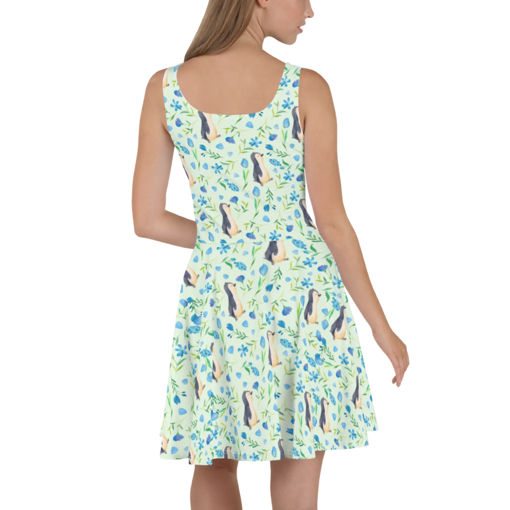 Sommerkleid Pinguinliebe Design Sommerkleid, Kleid, Skaterkleid, Aquarell, Pinguin, Pinguine, Blumen, Blaue Blumen, Muster