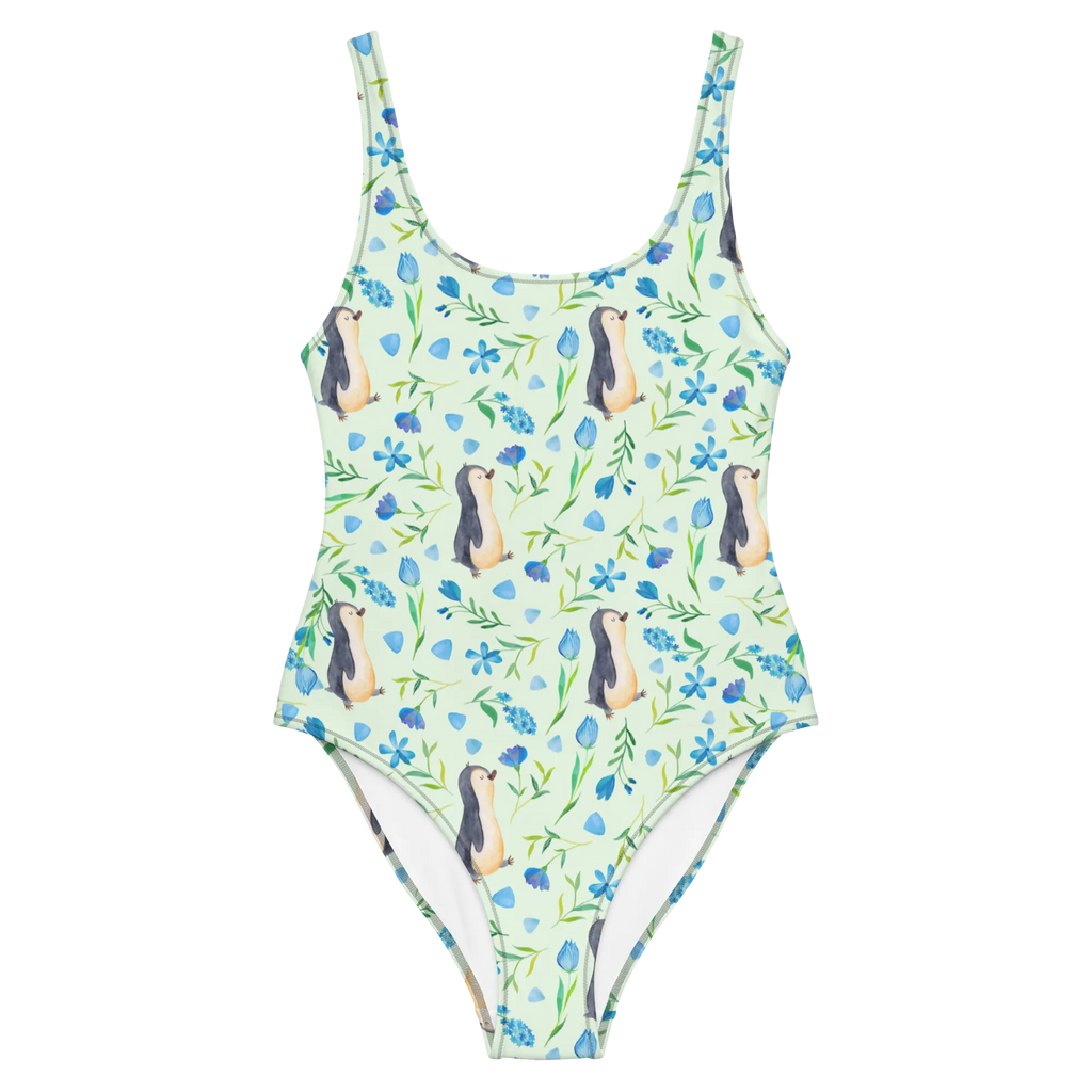 Badeanzug Pinguinliebe Design Badebekleidung, Bademode, Badeanzug, Swimsuit, Rückenfreier Badeanzug, Luxus-Bademode, Aquarell, Pinguin, Pinguine, Blumen, Blaue Blumen, Muster