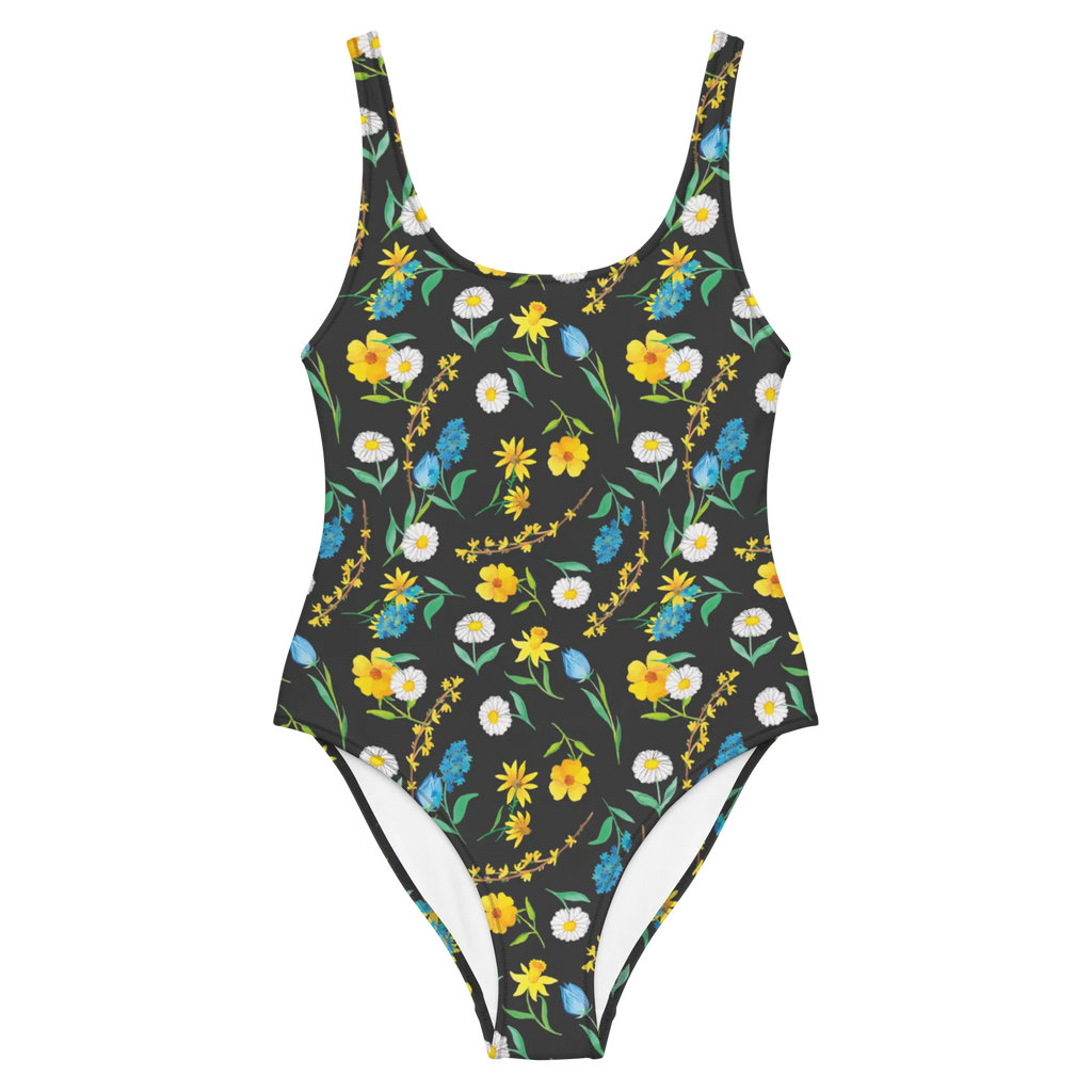 Badeanzug Frühlingserwachen Design Badebekleidung, Bademode, Badeanzug, Swimsuit, Rückenfreier Badeanzug, Luxus-Bademode, Aquarell, Muster, Blumen, Wiese, Sommerblumen, Natur, Blumenmädchen