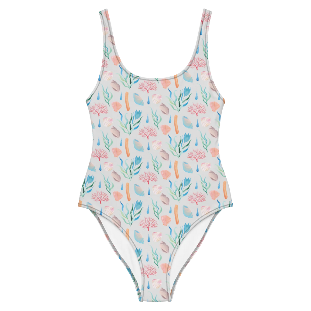 Badeanzug Meeresrauschen Design Badebekleidung, Bademode, Badeanzug, Swimsuit, Rückenfreier Badeanzug, Luxus-Bademode, Strand Motive, Korallen, Meer, Strand, Muscheln, Beach, Muster, maritim