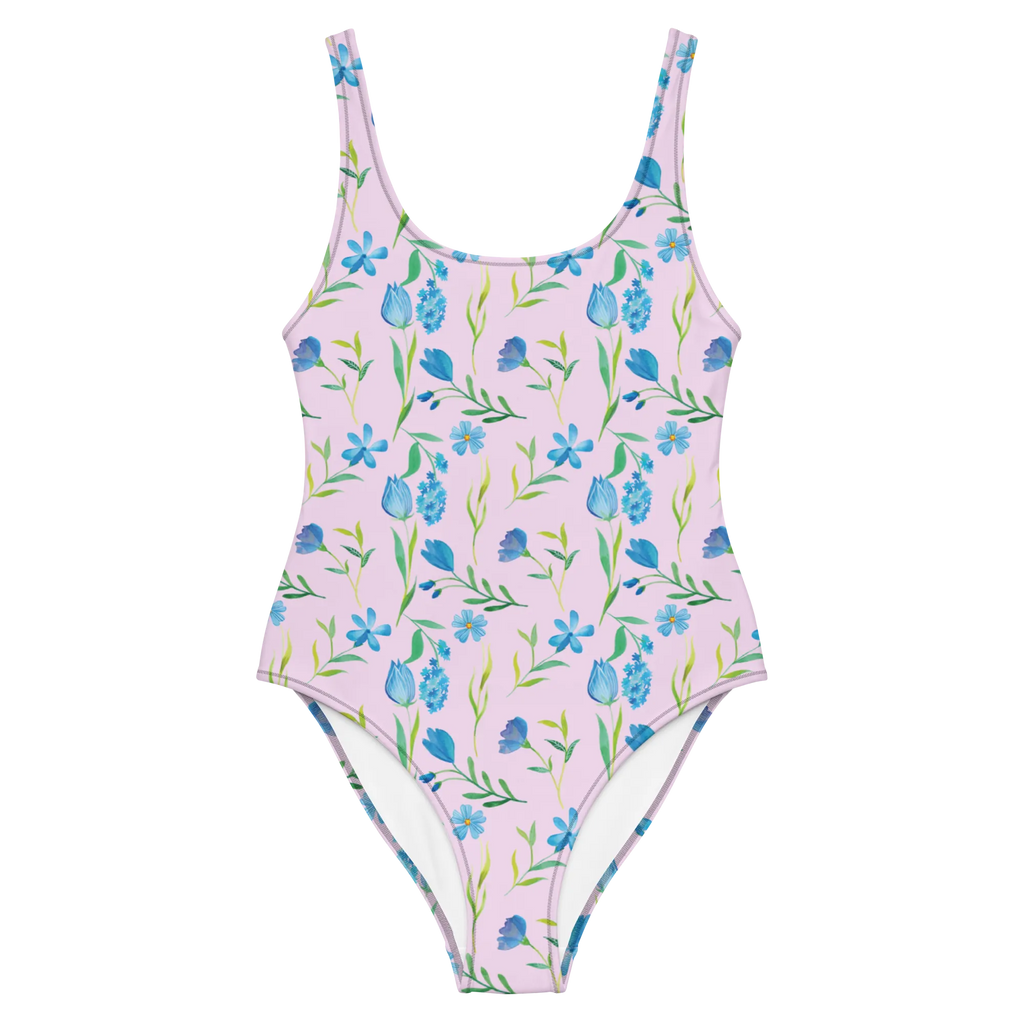 Badeanzug Sommergedanken Design Badebekleidung, Bademode, Badeanzug, Swimsuit, Rückenfreier Badeanzug, Luxus-Bademode, Blumen, Blumenmuster, blaue Blumen, blaues Muster, Aquarell