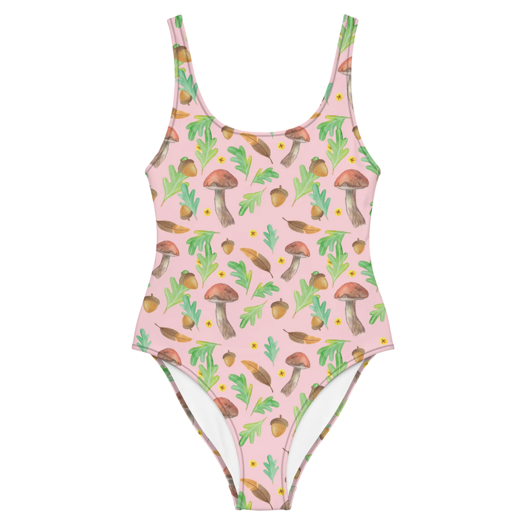 Badeanzug Waldträume Design Badebekleidung, Bademode, Badeanzug, Swimsuit, Rückenfreier Badeanzug, Luxus-Bademode, Aquarell, Aquarellmuster, Pilze, Glühwürmchen, Wald, Waldspaziergang, Natur, Laub, Eiche, Blätter