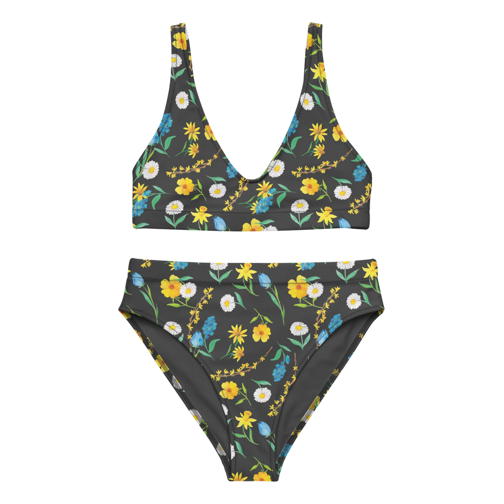 Bikini Frühlingserwachen Design Bikini, High Waist Bikini, Bademode, Bikinihose, Bikinioberteil, 2er Set, Zweiteiler, Aquarell, Muster, Blumen, Wiese, Sommerblumen, Natur, Blumenmädchen