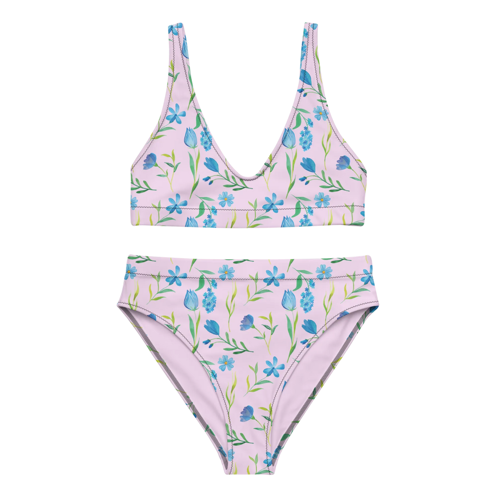 Bikini Sommergedanken Design Bikini, High Waist Bikini, Bademode, Bikinihose, Bikinioberteil, 2er Set, Zweiteiler, Blumen, Blumenmuster, blaue Blumen, blaues Muster, Aquarell