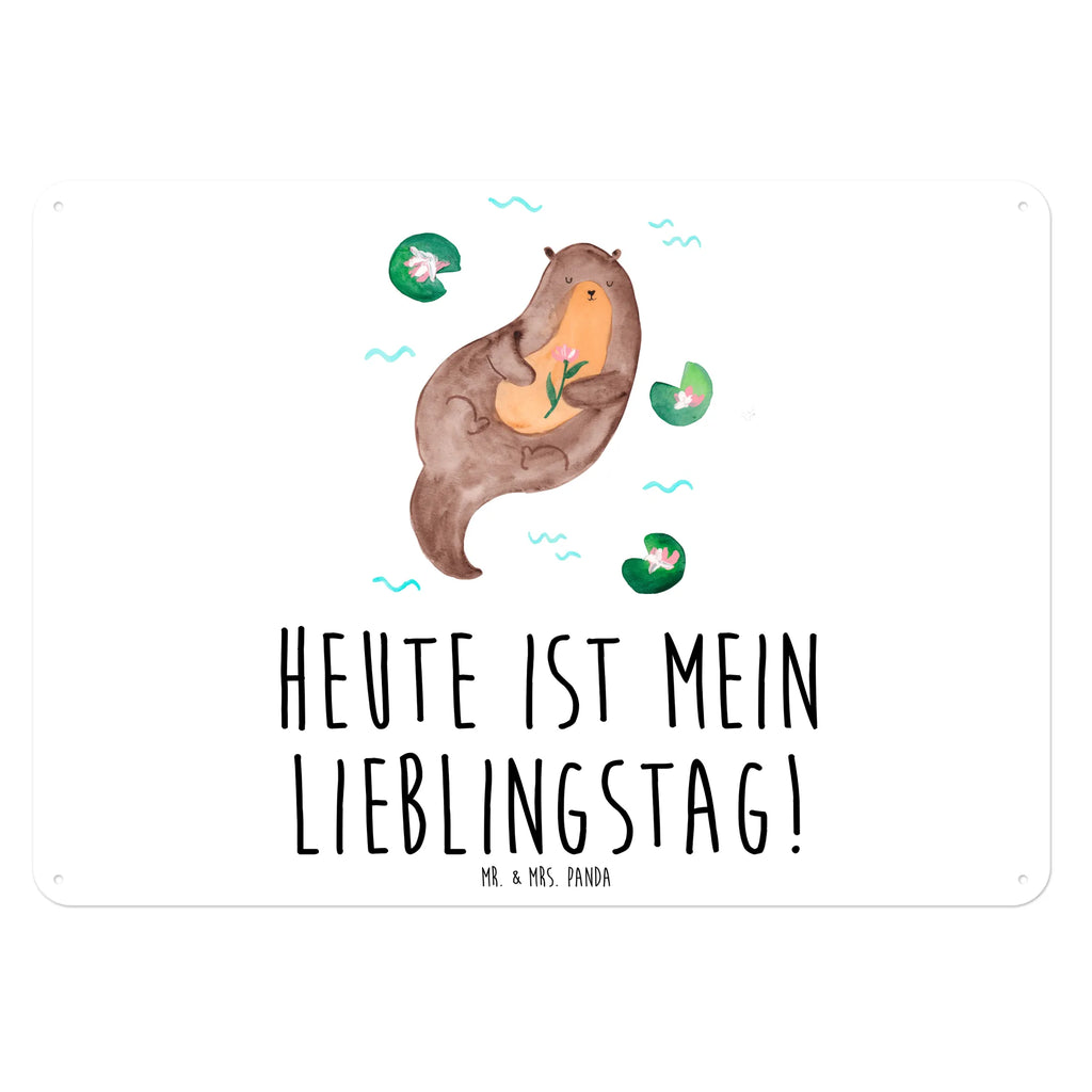 Blechschild Otter mit Seerose Blechschild, Metallschild, Geschenk Schild, Schild, Magnet-Metall-Schild, Deko Schild, Wandschild, Wand-Dekoration, Türschild, Otter, Fischotter, Seeotter, Otter Seeotter See Otter