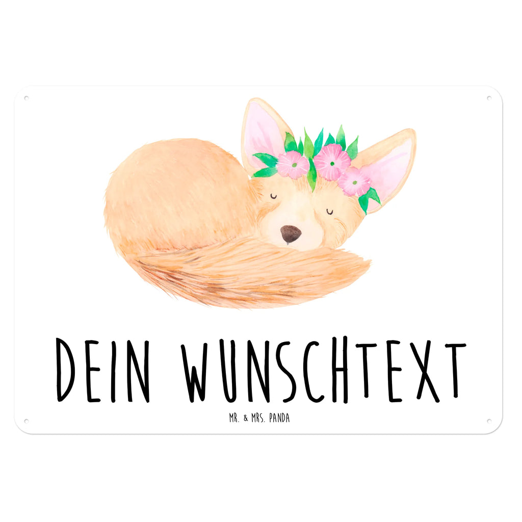 Personalisiertes Blechschild Wüstenfuchs Blumen Blechschild, Metallschild, Geschenk Schild, Schild, Magnet-Metall-Schild, Deko Schild, Wandschild, Wand-Dekoration, Türschild, Afrika, Wildtiere, Wüste, Wüstenfuchs, Blumen, Blumenkranz, Glücklich