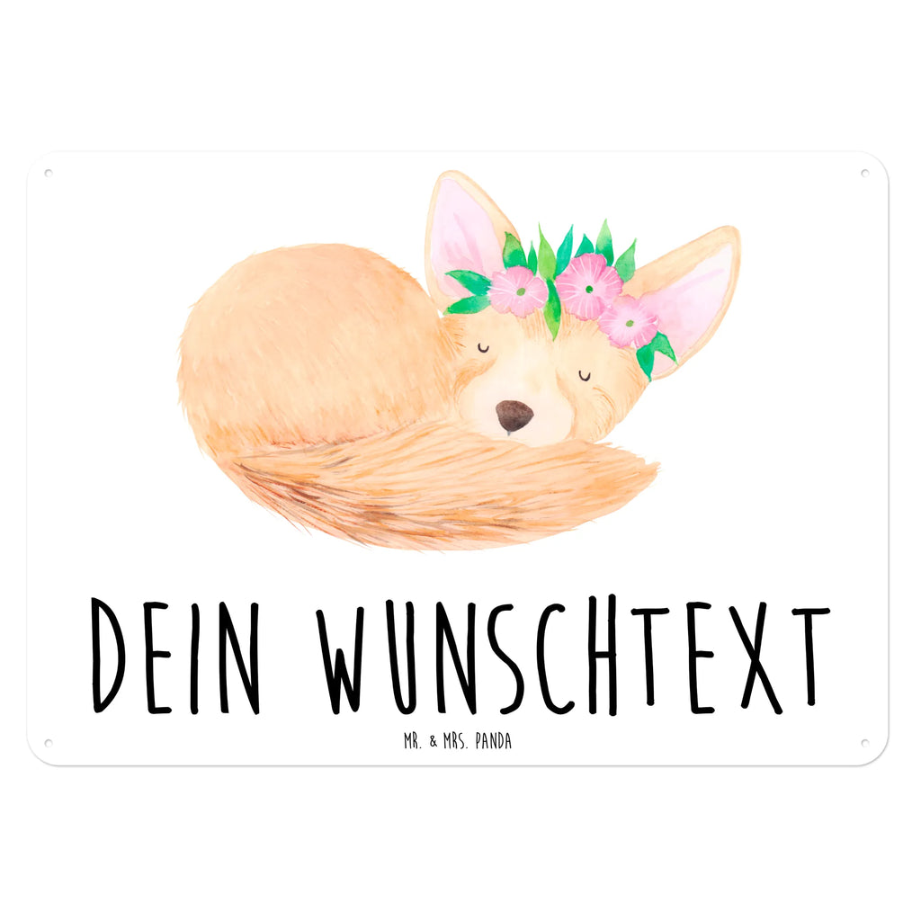 Personalisiertes Blechschild Wüstenfuchs Blumen Blechschild, Metallschild, Geschenk Schild, Schild, Magnet-Metall-Schild, Deko Schild, Wandschild, Wand-Dekoration, Türschild, Afrika, Wildtiere, Wüste, Wüstenfuchs, Blumen, Blumenkranz, Glücklich