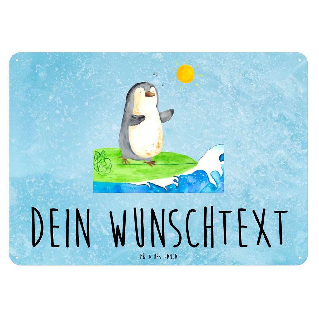 Personalisiertes Blechschild Pinguin Surfer Blechschild, Metallschild, Geschenk Schild, Schild, Magnet-Metall-Schild, Deko Schild, Wandschild, Wand-Dekoration, Türschild, Pinguin, Pinguine, surfen, Surfer, Hawaii, Urlaub, Wellen, Wellen reiten, Portugal