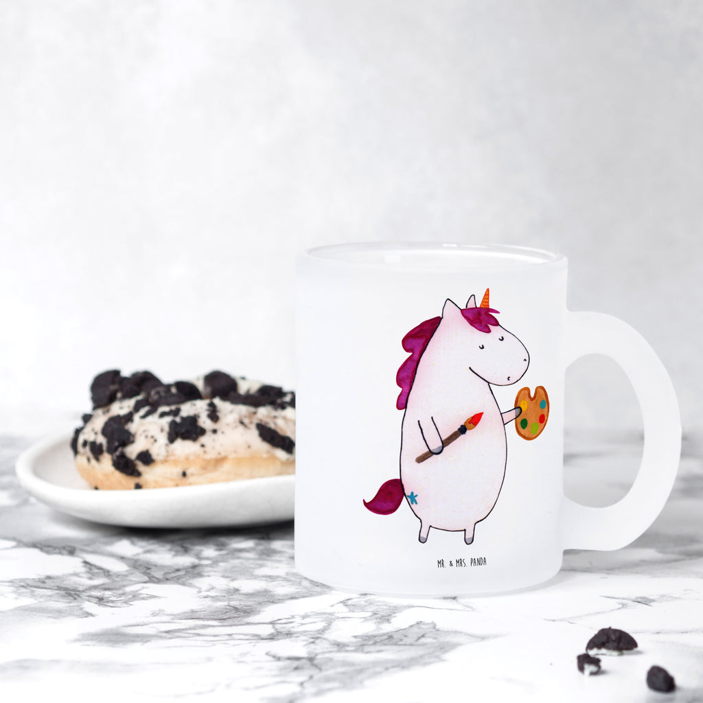 Teetasse Einhorn Künstler Teetasse, Teeglas, Teebecher, Tasse mit Henkel, Tasse, Glas Teetasse, Teetasse aus Glas, Einhorn, Einhörner, Einhorn Deko, Pegasus, Unicorn, Englisch, Künstler, Artist, Malen, Zeichnen, Welt, Farbe, Stift, Pinsel, Geschenk, Maler