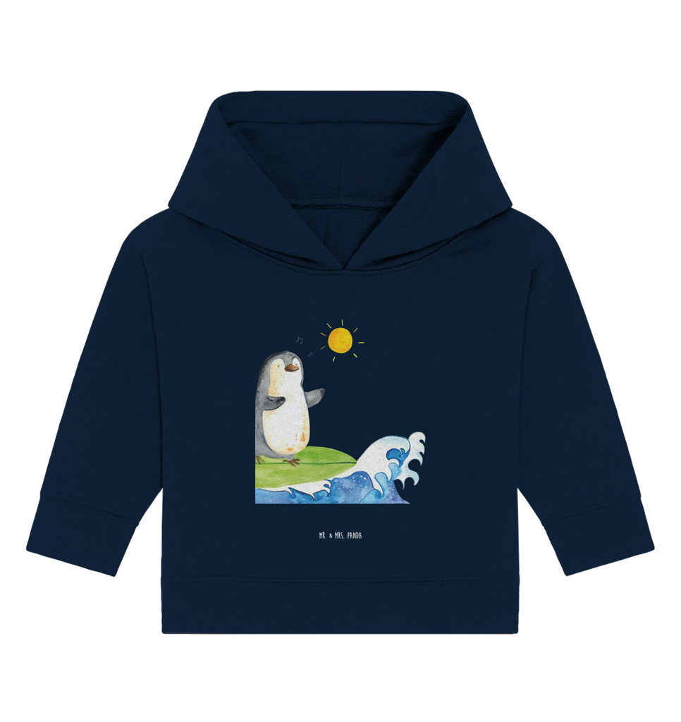 Organic Baby Hoodie Pinguin Surfer Baby Kapuzenshirt, Baby Kapuzensweatshirt, Baby Hoodie, Baby Pullover, Pinguin, Pinguine, surfen, Surfer, Hawaii, Urlaub, Wellen, Wellen reiten, Portugal