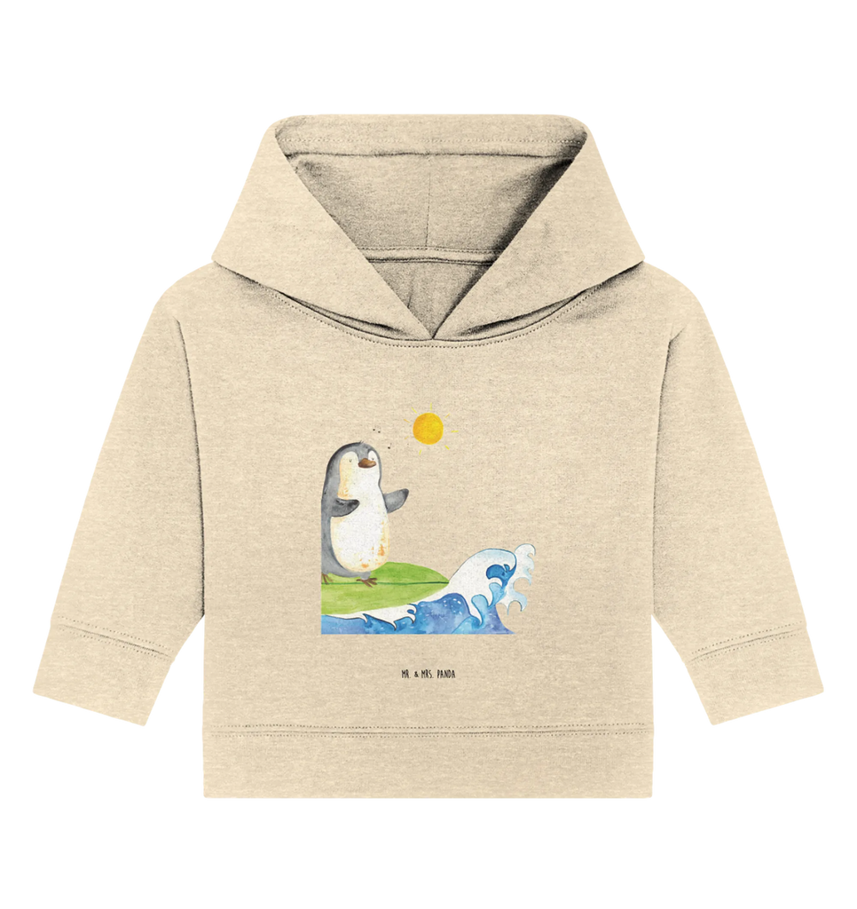 Organic Baby Hoodie Pinguin Surfer Baby Kapuzenshirt, Baby Kapuzensweatshirt, Baby Hoodie, Baby Pullover, Pinguin, Pinguine, surfen, Surfer, Hawaii, Urlaub, Wellen, Wellen reiten, Portugal