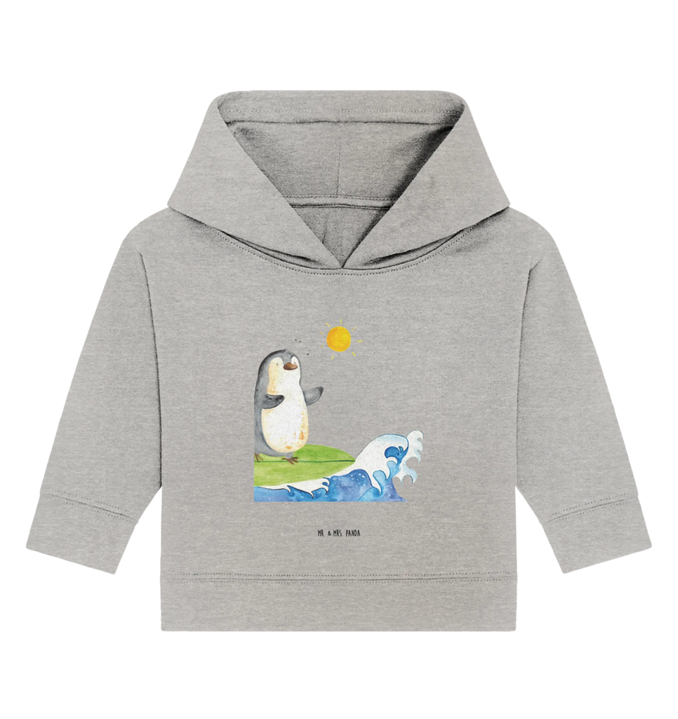 Organic Baby Hoodie Pinguin Surfer Baby Kapuzenshirt, Baby Kapuzensweatshirt, Baby Hoodie, Baby Pullover, Pinguin, Pinguine, surfen, Surfer, Hawaii, Urlaub, Wellen, Wellen reiten, Portugal