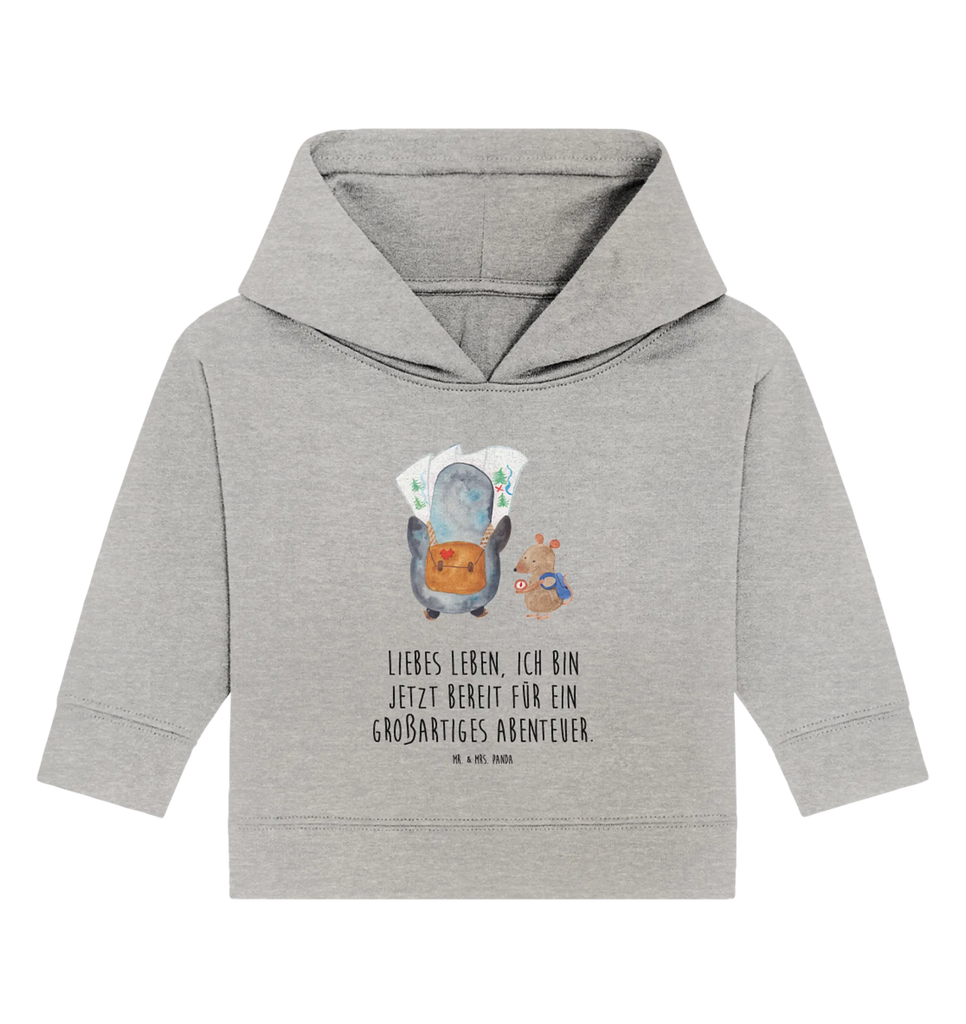 Organic Baby Hoodie Pinguin & Maus Wanderer Baby Kapuzenshirt, Baby Kapuzensweatshirt, Baby Hoodie, Baby Pullover, Pinguin, Pinguine, Abenteurer, Abenteuer, Roadtrip, Ausflug, Wanderlust, wandern