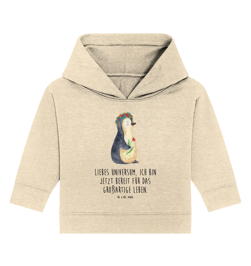 Organic Baby Hoodie Pinguin Blumen Baby Kapuzenshirt, Baby Kapuzensweatshirt, Baby Hoodie, Baby Pullover, Pinguin, Pinguine, Blumenkranz, Universum, Leben, Wünsche, Ziele, Lebensziele, Motivation, Lebenslust, Liebeskummer, Geschenkidee