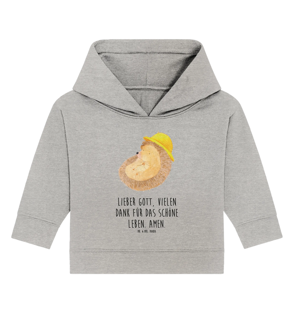 Organic Baby Hoodie Igel Beten Baby Kapuzenshirt, Baby Kapuzensweatshirt, Baby Hoodie, Baby Pullover, Tiermotive, Gute Laune, lustige Sprüche, Tiere, Igel, Igel mit Hut, Sonnenhut, Gott, Amen, beten, Leben, Dankbarkeit, Dankbar sein, dankbar, genießen