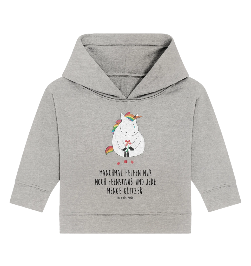 Organic Baby Hoodie Einhorn Traurig Baby Kapuzenshirt, Baby Kapuzensweatshirt, Baby Hoodie, Baby Pullover, Einhorn, Einhörner, Einhorn Deko, Pegasus, Unicorn, Glitzer, Trösten. Freundschaft, Freunde, Liebe, Trauer, Grußkarte, Blume