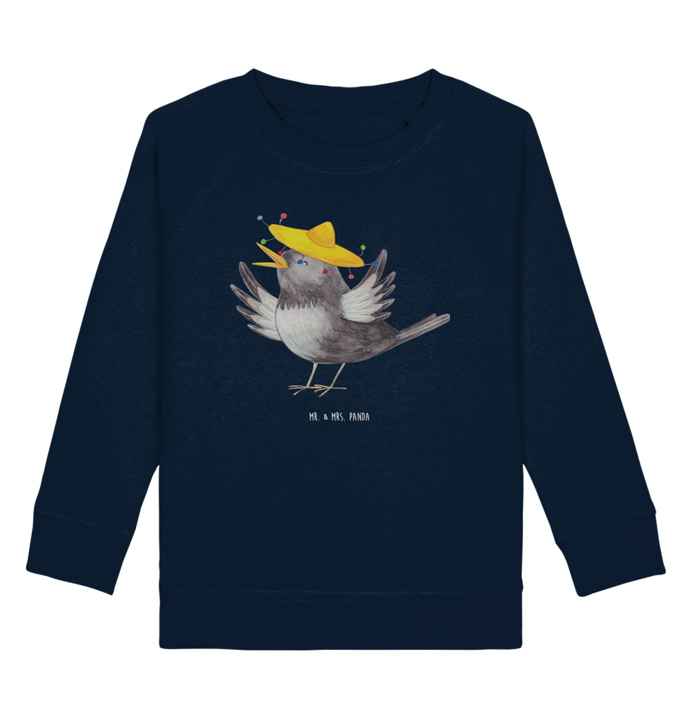 Organic Kinder Pullover Rabe mit Sombrero Kinder Pullover, Kinder Sweatshirt, Jungen, Mädchen, Tiermotive, Gute Laune, lustige Sprüche, Tiere, Rabe, Vogel, Vögel, Spruch positiv, fröhlich sein, glücklich sein, Glück Spruch, froh, Elster, Motivation