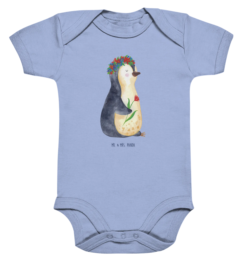 Organic Baby Body Pinguin Blumen Babykleidung, Babystrampler, Strampler, Wickelbody, Baby Erstausstattung, Junge, Mädchen, Pinguin, Pinguine, Blumenkranz, Universum, Leben, Wünsche, Ziele, Lebensziele, Motivation, Lebenslust, Liebeskummer, Geschenkidee