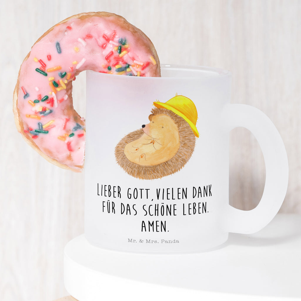 Teetasse Igel betet Teetasse, Teeglas, Teebecher, Tasse mit Henkel, Tasse, Glas Teetasse, Teetasse aus Glas, Tiermotive, Gute Laune, lustige Sprüche, Tiere, Igel, Igel mit Hut, Sonnenhut, Gott, Amen, beten, Leben, Dankbarkeit, Dankbar sein, dankbar, genießen