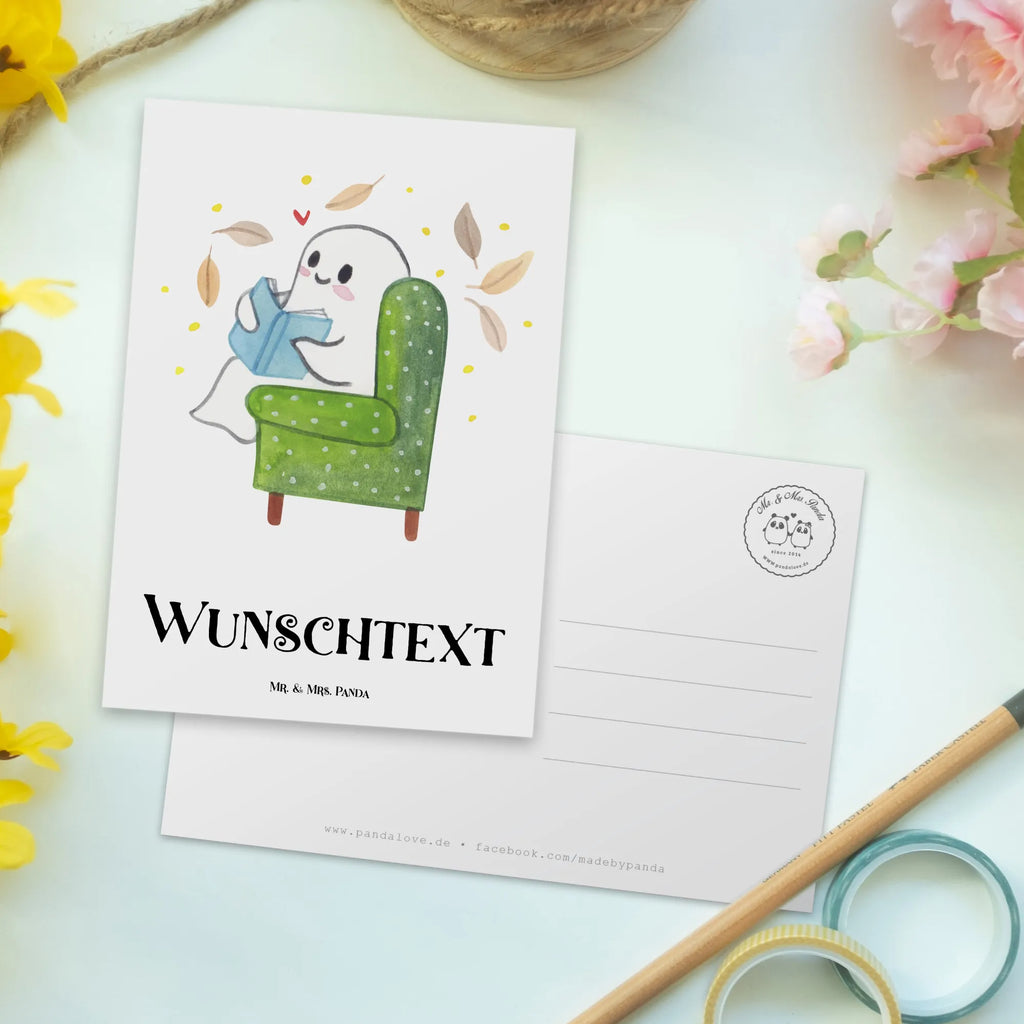 Personalisierte Postkarte Gespenst  Buch Postkarte mit Namen, Postkarte bedrucken, Postkarte mit Wunschtext, Postkarte personalisierbar, Geschenkkarte mit Namen, Grußkarte mit Namen, Karte mit Namen, Einladung mit Namen, Ansichtskarte mit Namen, Geschenkkarte mit Wunschtext, Grußkarte mit Wunschtext, Karte mit Wunschtext, Einladung mit Wunschtext, Ansichtskarte mit Wunschtext, Halloween, Deko, Martinssingen, Dekoration, Geschenke, Schenken, Gespenst, Buch, Herbst, gemütlich