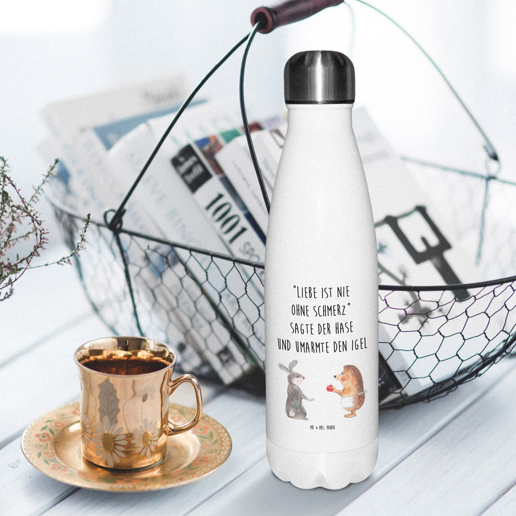 Thermosflasche Liebe ist nie ohne Schmerz Isolierflasche, Thermoflasche, Trinkflasche, Thermos, Edelstahl, Tiermotive, Gute Laune, lustige Sprüche, Tiere, Igel und Hase, Igel, Hase, Liebe Spruch, Liebeskummer Geschenk, Herzschmerz, Trösten, Trennungsschmerz, Spruch romantisch