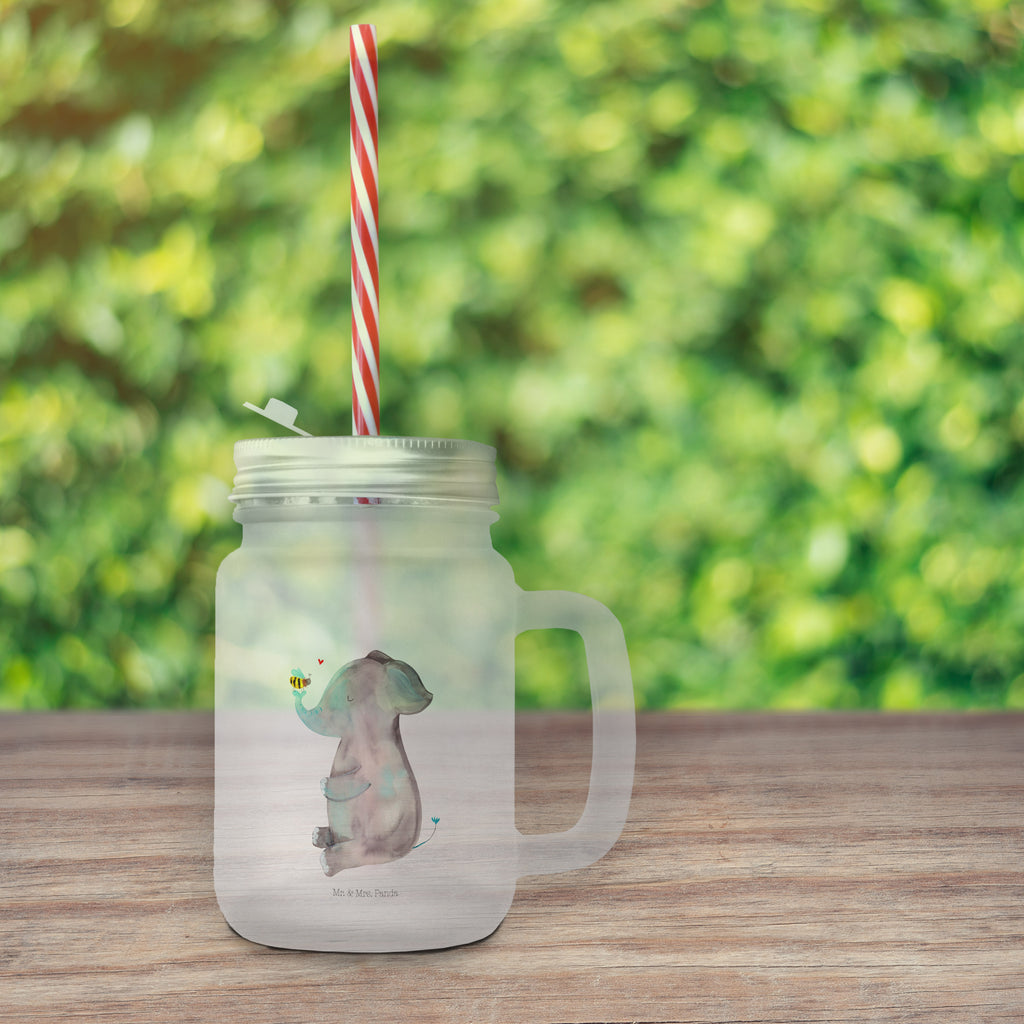 Trinkglas Mason Jar Elefant & Biene Mason Jar, Glas, Trinkglas, Henkelglas, Sommerglas, Einmachglas, Cocktailglas, Cocktail-Glas, Mason Jar Trinkglas, Satiniertes Glas, Retro-Glas, Strohhalm Glas, Schraubdeckel Glas, Sommerparty Einrichtung, Tiermotive, Gute Laune, lustige Sprüche, Tiere, Elefant, Biene, Liebe, Liebesbeweis, Jahrestag, Liebesgeschenk, Heiratsantrag, Hochzeitsgeschenk, Liebesspruch