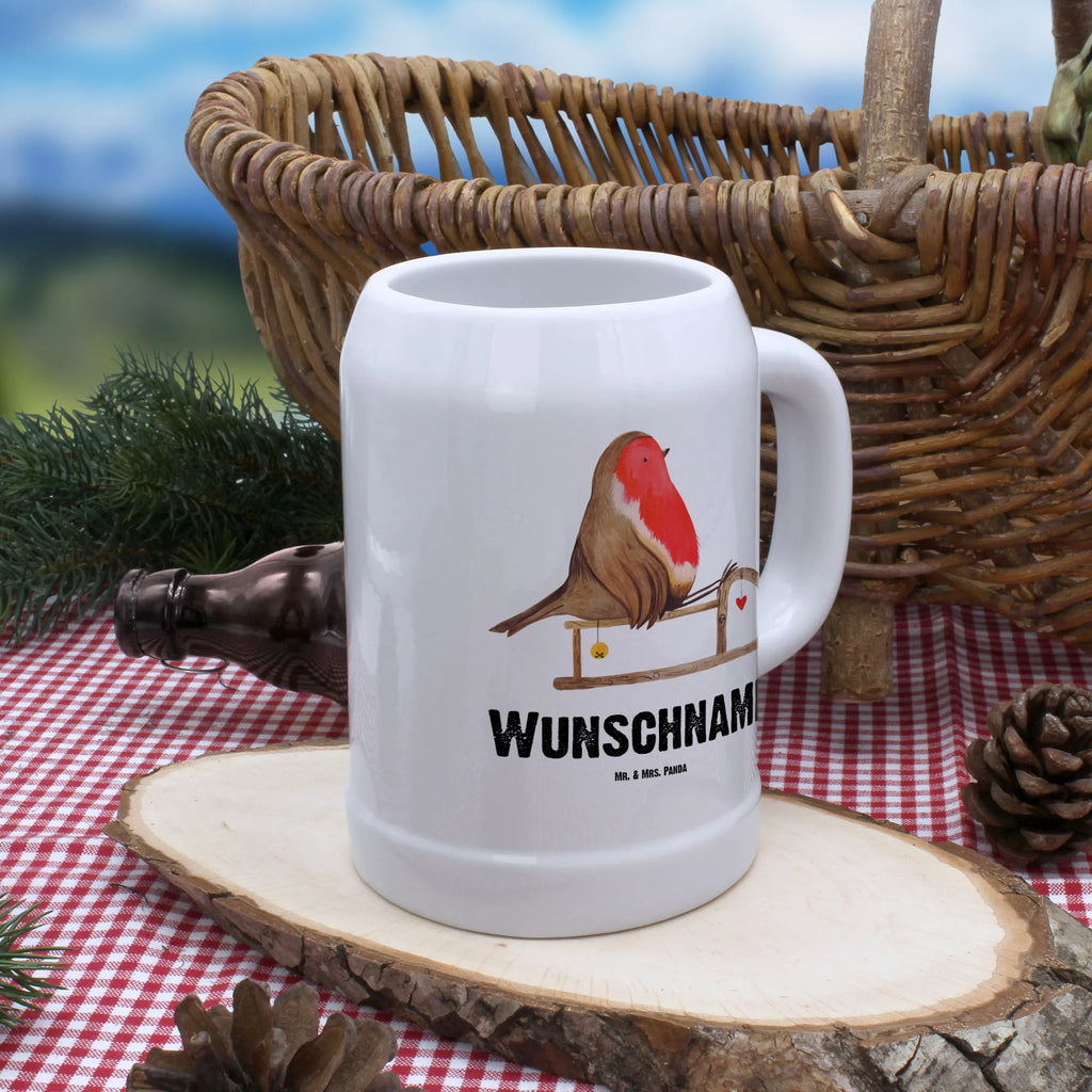 Personalisierter Bierkrug Rotkehlchen Schlitten Bierkrug mit Namen, Bierkrug personalisieren, Bierglas mit Namen, Personalisierung, Bedrucken, Winter, Weihnachten, Weihnachtsdeko, Nikolaus, Advent, Heiligabend, Wintermotiv, Schlitten, Vogel