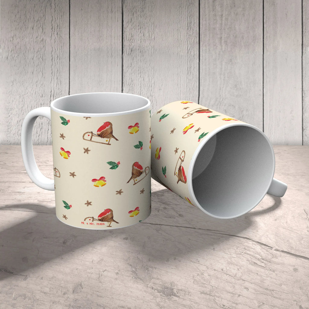 Tasse Rotkehlchen Schlitten Muster Tasse, Kaffeetasse, Teetasse, Becher, Kaffeebecher, Teebecher, Keramiktasse, Porzellantasse, Büro Tasse, Geschenk Tasse, Tasse Sprüche, Tasse Motive, Kaffeetassen, Tasse bedrucken, Designer Tasse, Cappuccino Tassen, Schöne Teetassen, Winter, Weihnachten, Weihnachtsdeko, Nikolaus, Advent, Heiligabend, Wintermotiv, Schlitten, Vogel