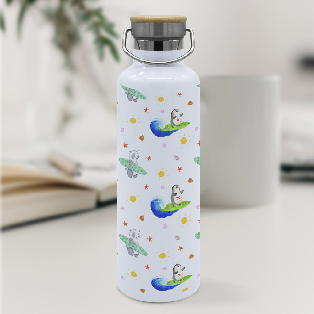 Trinkflasche Pinguin Surfer Muster Thermosflasche, Isolierflasche, Edelstahl, Trinkflasche, isoliert, Wamrhaltefunktion, Sportflasche, Flasche zum Sport, Sportlerflasche, Pinguin, Pinguine, surfen, Surfer, Hawaii, Urlaub, Wellen, Wellen reiten, Portugal