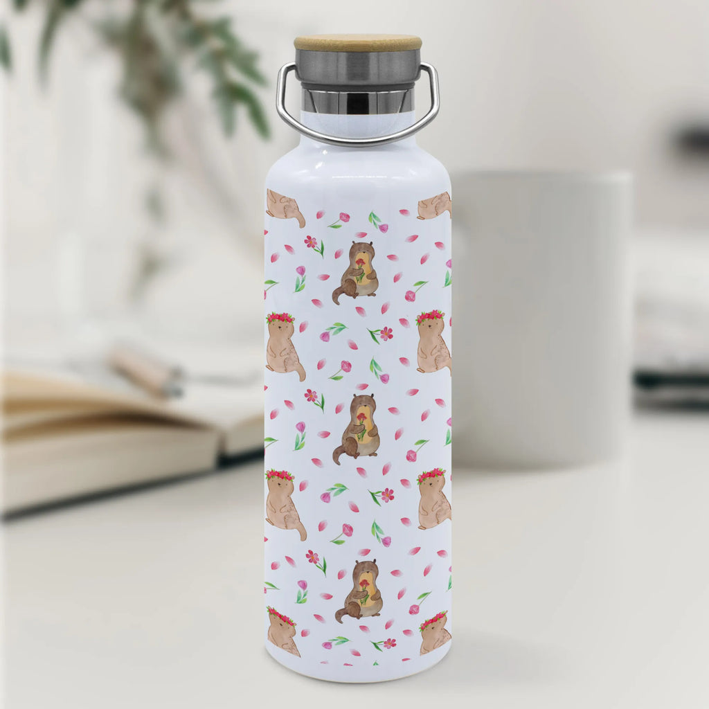 Trinkflasche Otter Blumenstrauß Muster Thermosflasche, Isolierflasche, Edelstahl, Trinkflasche, isoliert, Wamrhaltefunktion, Sportflasche, Flasche zum Sport, Sportlerflasche, Otter, Fischotter, Seeotter, Otter Seeotter See Otter