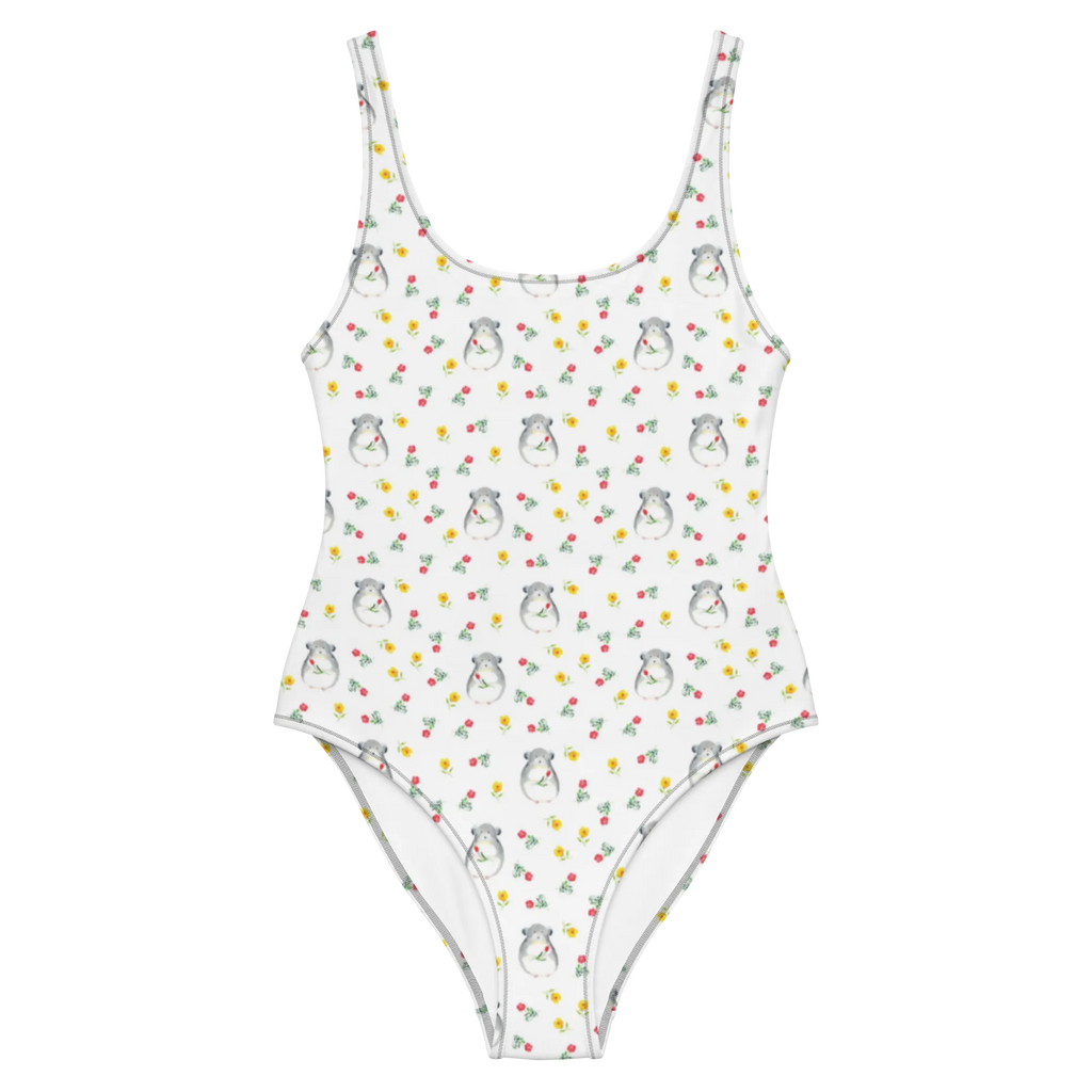 Badeanzug Chinchilla Blume Muster Badebekleidung, Bademode, Badeanzug, Swimsuit, Rückenfreier Badeanzug, Luxus-Bademode, Tiermotive, Gute Laune, lustige Sprüche, Tiere, Chinchilla, Chinchillas, Liebeskummer, Kummer, Depressionen, traurig sein, Chaos, Glücklichsein, Büro, Büroalltag