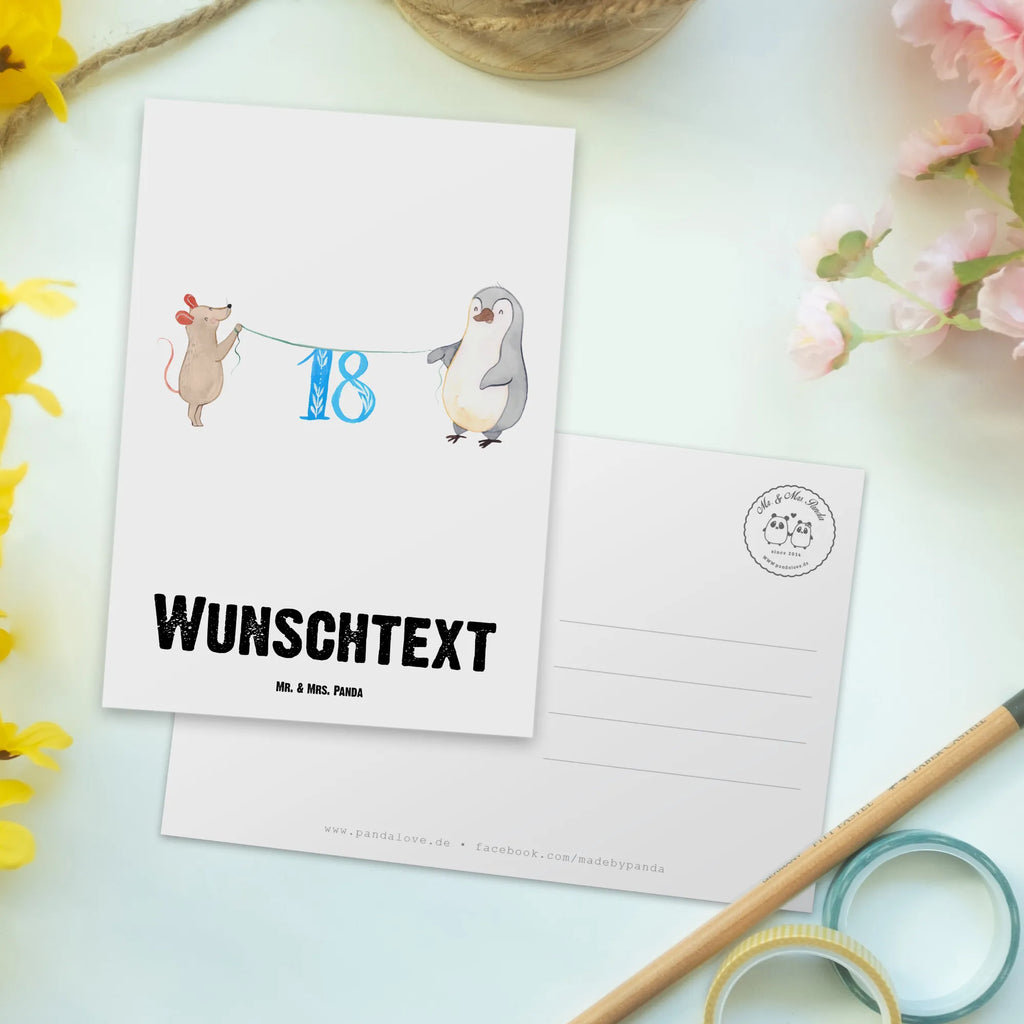 Personalisierte Postkarte 18. Geburtstag Maus Pinguin Postkarte mit Namen, Postkarte bedrucken, Postkarte mit Wunschtext, Postkarte personalisierbar, Geschenkkarte mit Namen, Grußkarte mit Namen, Karte mit Namen, Einladung mit Namen, Ansichtskarte mit Namen, Geschenkkarte mit Wunschtext, Grußkarte mit Wunschtext, Karte mit Wunschtext, Einladung mit Wunschtext, Ansichtskarte mit Wunschtext, Geburtstag, Geburtstagsgeschenk, Geschenk, Party, Feiern, Torte, Kuchen