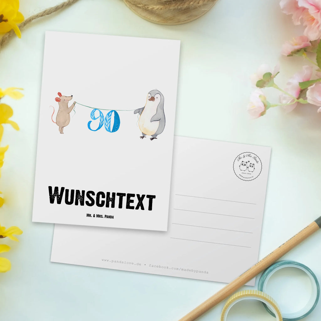 Personalisierte Postkarte 90. Geburtstag Maus Pinguin Postkarte mit Namen, Postkarte bedrucken, Postkarte mit Wunschtext, Postkarte personalisierbar, Geschenkkarte mit Namen, Grußkarte mit Namen, Karte mit Namen, Einladung mit Namen, Ansichtskarte mit Namen, Geschenkkarte mit Wunschtext, Grußkarte mit Wunschtext, Karte mit Wunschtext, Einladung mit Wunschtext, Ansichtskarte mit Wunschtext, Geburtstag, Geburtstagsgeschenk, Geschenk, Party, Feiern, Torte, Kuchen