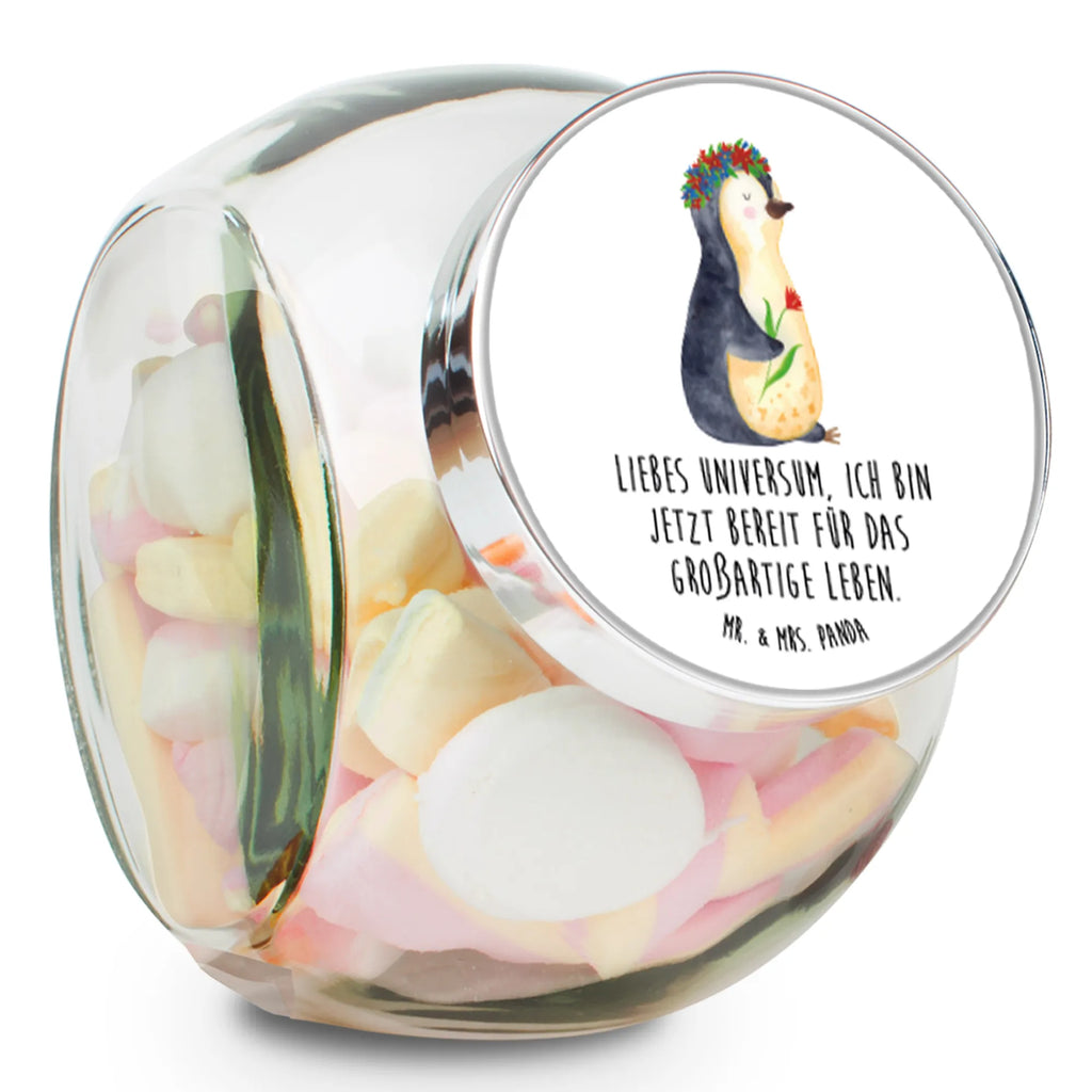 Bonbonglas Pinguin Blumenkranz Vorratsdose, Vorratsbehälter, Süßigkeitenglas, Süßigkeitendose, Kaffeedose, Müslidose, Teedose, Keksbehälter, Keksedose, Glasdose, Glasbälter, Vorratsglas, Küchenbehälter, Aufbewahrungsdose, Aufbewahungsglas, Gewürzdose, Küchenorganizer, Snackdose, Pinguin, Pinguine, Blumenkranz, Universum, Leben, Wünsche, Ziele, Lebensziele, Motivation, Lebenslust, Liebeskummer, Geschenkidee