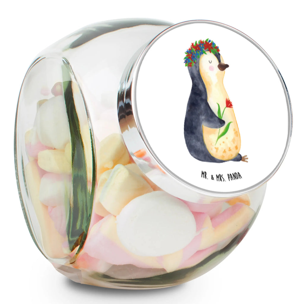 Bonbonglas Pinguin Blumenkranz Vorratsdose, Vorratsbehälter, Süßigkeitenglas, Süßigkeitendose, Kaffeedose, Müslidose, Teedose, Keksbehälter, Keksedose, Glasdose, Glasbälter, Vorratsglas, Küchenbehälter, Aufbewahrungsdose, Aufbewahungsglas, Gewürzdose, Küchenorganizer, Snackdose, Pinguin, Pinguine, Blumenkranz, Universum, Leben, Wünsche, Ziele, Lebensziele, Motivation, Lebenslust, Liebeskummer, Geschenkidee