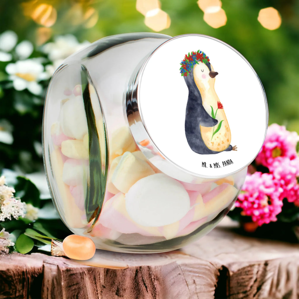 Bonbonglas Pinguin Blumenkranz Vorratsdose, Vorratsbehälter, Süßigkeitenglas, Süßigkeitendose, Kaffeedose, Müslidose, Teedose, Keksbehälter, Keksedose, Glasdose, Glasbälter, Vorratsglas, Küchenbehälter, Aufbewahrungsdose, Aufbewahungsglas, Gewürzdose, Küchenorganizer, Snackdose, Pinguin, Pinguine, Blumenkranz, Universum, Leben, Wünsche, Ziele, Lebensziele, Motivation, Lebenslust, Liebeskummer, Geschenkidee