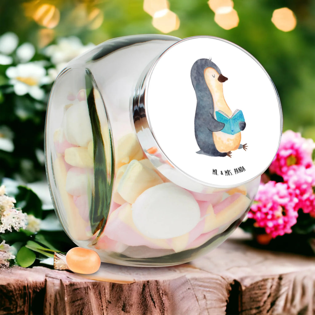 Bonbonglas Pinguin Buch Vorratsdose, Vorratsbehälter, Süßigkeitenglas, Süßigkeitendose, Kaffeedose, Müslidose, Teedose, Keksbehälter, Keksedose, Glasdose, Glasbälter, Vorratsglas, Küchenbehälter, Aufbewahrungsdose, Aufbewahungsglas, Gewürzdose, Küchenorganizer, Snackdose, Pinguin, Pinguine, Buch, Lesen, Bücherwurm, Nichtstun, Faulenzen, Ferien, Urlaub, Freizeit