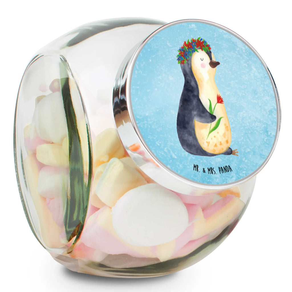 Bonbonglas Pinguin Blumenkranz Vorratsdose, Vorratsbehälter, Süßigkeitenglas, Süßigkeitendose, Kaffeedose, Müslidose, Teedose, Keksbehälter, Keksedose, Glasdose, Glasbälter, Vorratsglas, Küchenbehälter, Aufbewahrungsdose, Aufbewahungsglas, Gewürzdose, Küchenorganizer, Snackdose, Pinguin, Pinguine, Blumenkranz, Universum, Leben, Wünsche, Ziele, Lebensziele, Motivation, Lebenslust, Liebeskummer, Geschenkidee