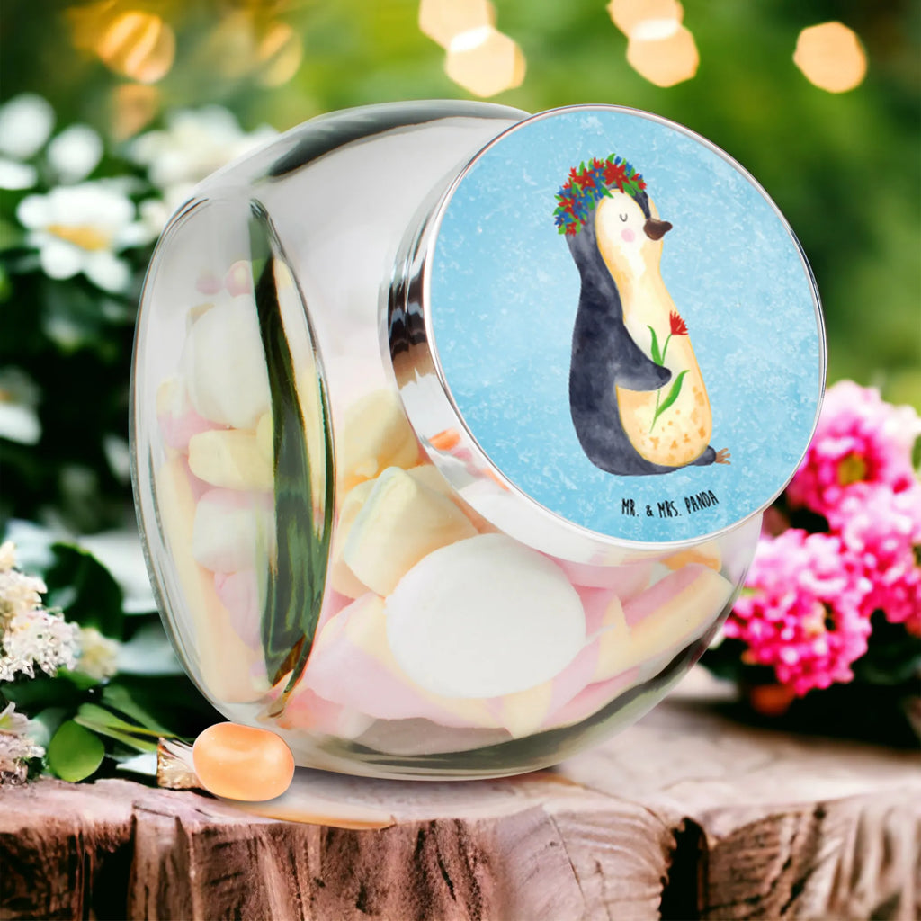 Bonbonglas Pinguin Blumenkranz Vorratsdose, Vorratsbehälter, Süßigkeitenglas, Süßigkeitendose, Kaffeedose, Müslidose, Teedose, Keksbehälter, Keksedose, Glasdose, Glasbälter, Vorratsglas, Küchenbehälter, Aufbewahrungsdose, Aufbewahungsglas, Gewürzdose, Küchenorganizer, Snackdose, Pinguin, Pinguine, Blumenkranz, Universum, Leben, Wünsche, Ziele, Lebensziele, Motivation, Lebenslust, Liebeskummer, Geschenkidee