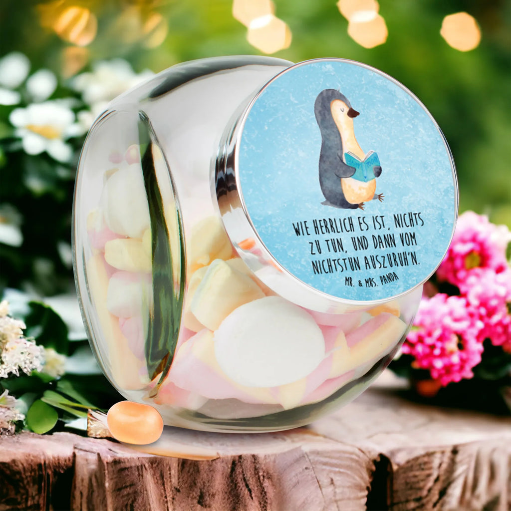 Bonbonglas Pinguin Buch Vorratsdose, Vorratsbehälter, Süßigkeitenglas, Süßigkeitendose, Kaffeedose, Müslidose, Teedose, Keksbehälter, Keksedose, Glasdose, Glasbälter, Vorratsglas, Küchenbehälter, Aufbewahrungsdose, Aufbewahungsglas, Gewürzdose, Küchenorganizer, Snackdose, Pinguin, Pinguine, Buch, Lesen, Bücherwurm, Nichtstun, Faulenzen, Ferien, Urlaub, Freizeit