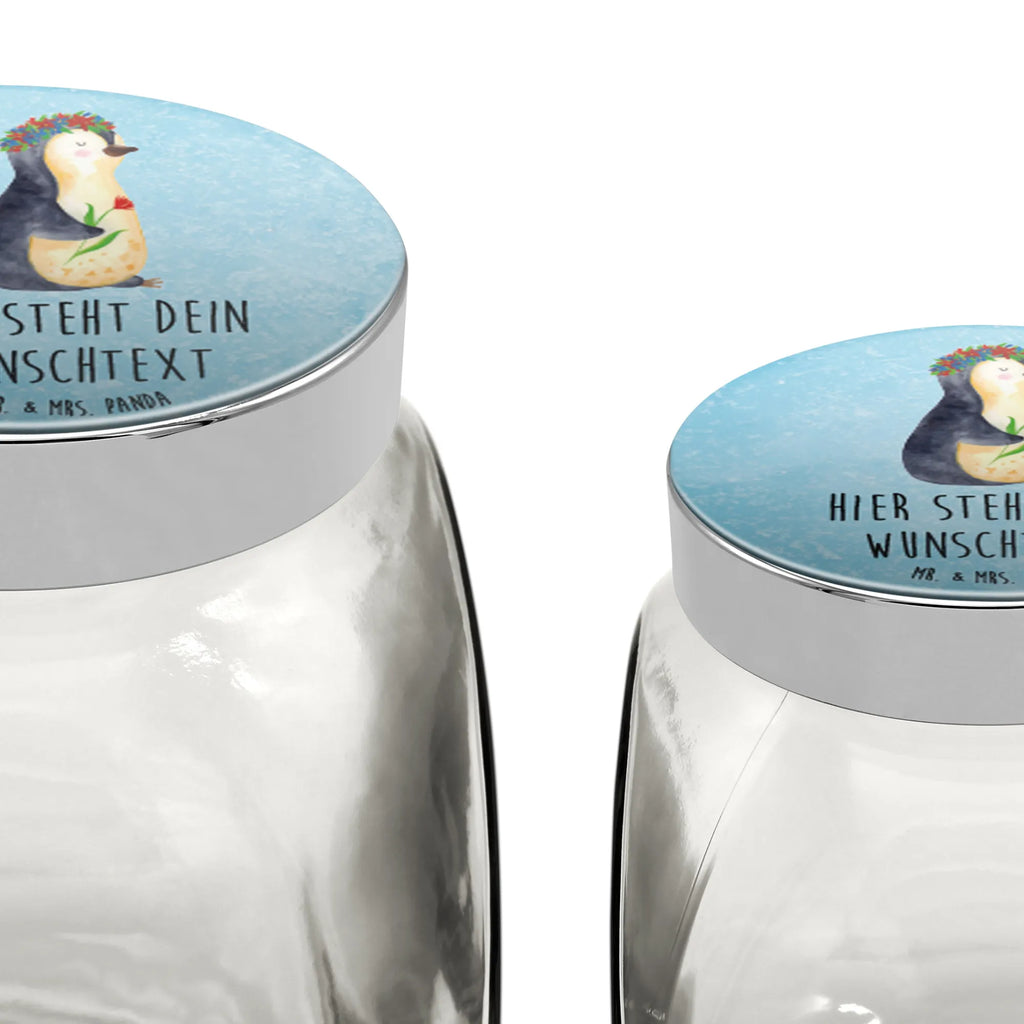 Personalisiertes Bonbonglas Pinguin Blumenkranz Vorratsdose, Vorratsbehälter, Süßigkeitenglas, Süßigkeitendose, Kaffeedose, Müslidose, Teedose, Keksbehälter, Keksedose, Glasdose, Glasbälter, Vorratsglas, Küchenbehälter, Aufbewahrungsdose, Aufbewahungsglas, Gewürzdose, Küchenorganizer, Snackdose, Pinguin, Pinguine, Blumenkranz, Universum, Leben, Wünsche, Ziele, Lebensziele, Motivation, Lebenslust, Liebeskummer, Geschenkidee