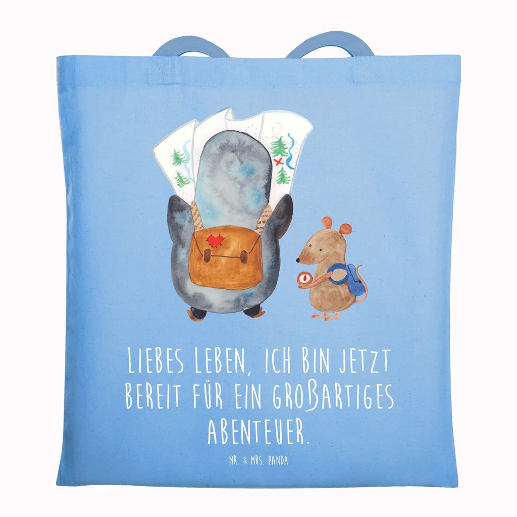 Tragetasche Pinguin & Maus Wanderer Beuteltasche, Beutel, Einkaufstasche, Jutebeutel, Stoffbeutel, Tasche, Shopper, Umhängetasche, Strandtasche, Schultertasche, Stofftasche, Tragetasche, Badetasche, Jutetasche, Einkaufstüte, Laptoptasche, Pinguin, Pinguine, Abenteurer, Abenteuer, Roadtrip, Ausflug, Wanderlust, wandern