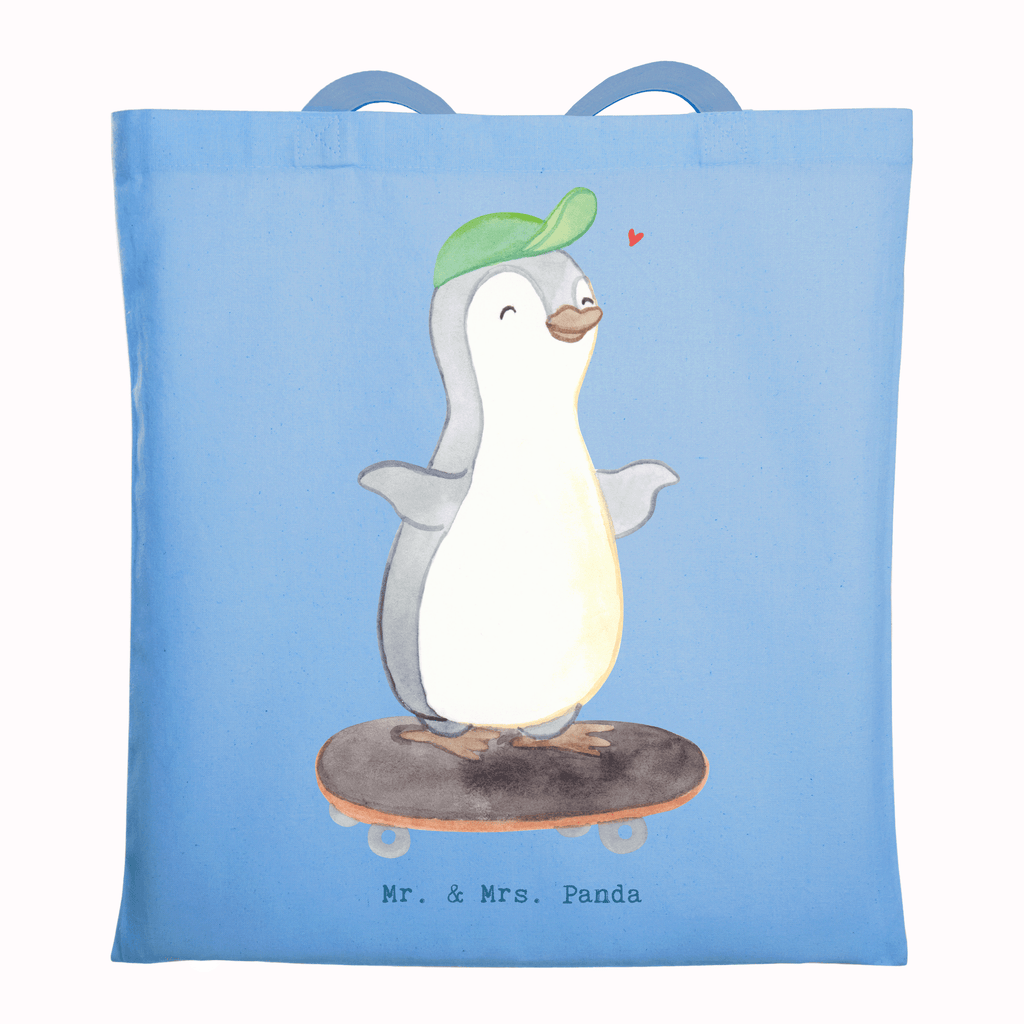 Tragetasche Pinguin Skateboarden Beuteltasche, Beutel, Einkaufstasche, Jutebeutel, Stoffbeutel, Tasche, Shopper, Umhängetasche, Strandtasche, Schultertasche, Stofftasche, Tragetasche, Badetasche, Jutetasche, Einkaufstüte, Laptoptasche, Geschenk, Sport, Sportart, Hobby, Schenken, Danke, Dankeschön, Auszeichnung, Gewinn, Sportler, Skateboarden, Skateboard fahren, Skaten, Skateboard, Skateplatz