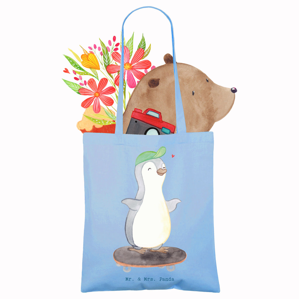 Tragetasche Pinguin Skateboarden Beuteltasche, Beutel, Einkaufstasche, Jutebeutel, Stoffbeutel, Tasche, Shopper, Umhängetasche, Strandtasche, Schultertasche, Stofftasche, Tragetasche, Badetasche, Jutetasche, Einkaufstüte, Laptoptasche, Geschenk, Sport, Sportart, Hobby, Schenken, Danke, Dankeschön, Auszeichnung, Gewinn, Sportler, Skateboarden, Skateboard fahren, Skaten, Skateboard, Skateplatz