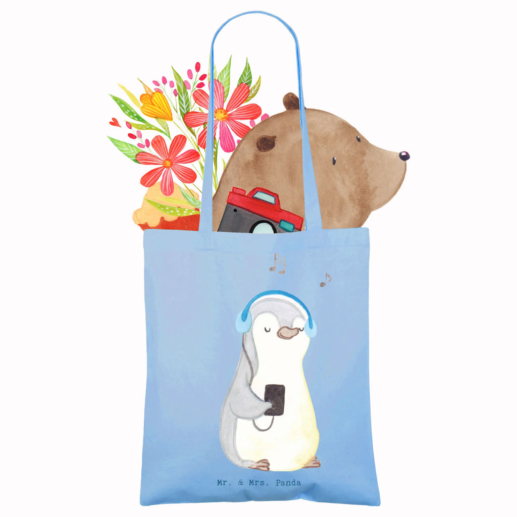 Tragetasche Pinguin Musik hören Beuteltasche, Beutel, Einkaufstasche, Jutebeutel, Stoffbeutel, Tasche, Shopper, Umhängetasche, Strandtasche, Schultertasche, Stofftasche, Tragetasche, Badetasche, Jutetasche, Einkaufstüte, Laptoptasche, Geschenk, Sport, Sportart, Hobby, Schenken, Danke, Dankeschön, Auszeichnung, Gewinn, Sportler, Musik hören, Lieblingssong