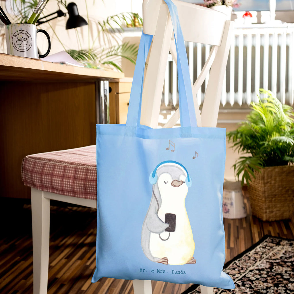 Tragetasche Pinguin Musik hören Beuteltasche, Beutel, Einkaufstasche, Jutebeutel, Stoffbeutel, Tasche, Shopper, Umhängetasche, Strandtasche, Schultertasche, Stofftasche, Tragetasche, Badetasche, Jutetasche, Einkaufstüte, Laptoptasche, Geschenk, Sport, Sportart, Hobby, Schenken, Danke, Dankeschön, Auszeichnung, Gewinn, Sportler, Musik hören, Lieblingssong